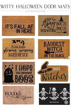 halloween door mats with different sayings and designs on the front, side, and back