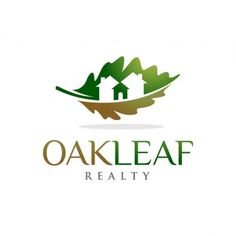 the oak leaf realty logo is shown in green and brown colors, with a house on