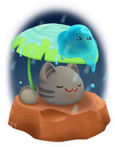 a cartoon cat under an umbrella in the rain