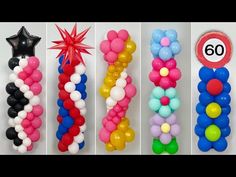 balloons are lined up in different colors and sizes, with the number 60 on top