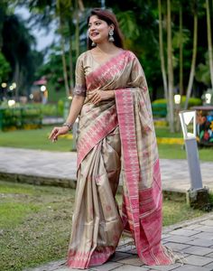 Type: Saree Saree Color: Light Pink & Beige Blouse Color: Light Pink & Beige Saree Length: 6.2 Mtrs Blouse Length: 0.80 Mtr Fabric: Tussar Silk Work: Weaving  Care Instruction: Hand Wash Product Code: 53337 Beige Light, Silk Sarees Online, Pink Saree