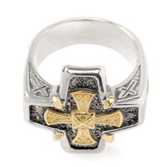 A spiritual journey through classical Greek, Byzantine and Christian culture. Symbolism, tradition, crosses, monasteries, churches, reverence and devoutness give birth to all Stavros pieces from Konstantino, including on this sterling silver and 18k gold flat cross ring. Available in multiple sizes. Includes branded Konstantino gift packaging. Byzantine Cross Jewelry For Ceremonial Occasions, Christian Culture, Give Birth, Gold Flats, Cross Ring, Spiritual Journey, Gold Details, Sterling Ring, 18k Gold