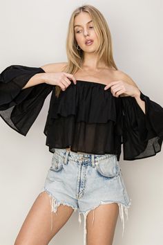 OFF-THE-SHOULDER LAYERED CROP TOP Brand: Hyfve Style: HF24E309-D Fabric: 100% COTTON Details: MAKE THEIR HEART SKIP A BEAT IN THIS LOVELY TOP. IT HAS THE MOST ROMANTIC DETAILS, SHOWCASING AN OFF-SHOULDER NECKLINE, FLOWY SLEEVES AND A RUFFLE-LAYERED BODICE THAT IS ALL ABOUT LENDING YOU THAT EASY-BREEZY LOOK. IMPORTED. DESIGNED IN THE USA Layered Crop Top, Long Skirt And Top, Backless Long Dress, Womens Dress Suits, Wear Crop Top, Crop Top Dress, Clubwear For Women, Lace Pink Dress, Layered Fashion