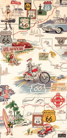 an illustrated map of the route 66 from california to los angeles, with cars and motorcycles