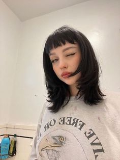 Shag Hairstyles Micro Bangs, Micro Bangs With Layered Hair, Short Bangs Medium Length Hair, Short Fringe Shag, Baby Bangs Black Hair, Micro Bangs Aesthetic, Shaggy Medium Hair With Bangs, Micro Bangs Round Face, Short Choppy Bangs