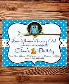 an owl birthday party card with polka dots