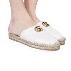 Designer Id#: 551881 Comes With Box 2 Dust Bags Description We Guarantee This Is An Authentic Gucci Calfskin Matelasse Gg Marmont Espadrille Slippers 38.5 White Or 100% Of Your Money Back. These Lovely Espadrilles Are Crafted Of Chevron Quilted Calfskin Leather In White, With The Iconic Aged Gold Gg Logo On The Top. These Chic Flats Are Suitable For A Casual Day, With The Sophisticated Style Of Gucci! Chic Gucci Espadrilles With Round Toe, Gucci Leather Espadrilles For Spring, White Gucci Espadrilles For Spring, Chic Gucci Espadrilles, Gucci Leather Espadrilles For Summer, Elegant Gucci Espadrilles With Round Toe, Luxury Gucci Espadrilles For Summer, White Casual Gucci Espadrilles, Women's White Gucci Espadrilles