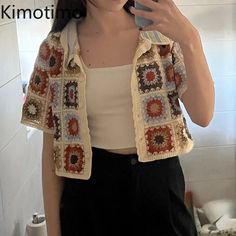 Kimotimo Retro Crochet Flower Short Sleeve Knit Cardigan Women 2024 Summer Lapel Hit Color Fashion Retro Crochet, Slim Sweater, Flower Shorts, Knitting Women Cardigan, Cardigan Women, Color Fashion, Crochet Flower, Colorful Fashion, Crochet Flowers