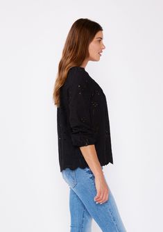 A classic cotton bohemian blouse with embroidered eyelet details. Embroidered eyelet Relaxed fit 3/4 length sleeve Button cuff closure Split v-neckline with ties Scalloped hem Not lined Bohemian blouse An ultra-charming cotton blouse for summer! Tackle the heat wave with our comfortable yet stylish embroidered eyelet top, designed with an unlined fabric for an airy and breezy feel. Featuring 3/4 length sleeves, button cuff closure, and a split v-neckline with ties. We like to pair this effortles Long Sleeve Blouse For Daywear With Cutwork Hem, Long Sleeve Broderie Anglaise Blouse With Relaxed Fit, Long Sleeve Broderie Anglaise Blouse In Relaxed Fit, Long Sleeve Blouse With Broderie Anglaise In Relaxed Fit, Long Sleeve Eyelet Blouse For Daywear, Spring Long Sleeve Eyelet Blouse, Spring Eyelet Blouse With Long Sleeves, Bohemian Blouse, Eyelet Blouse