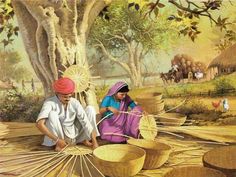 two women working on bamboo baskets in a rural area with trees and people behind them