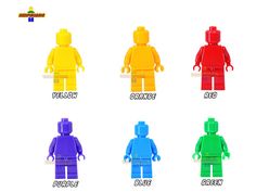 four different colors of lego minifigures are shown in the same image as each other