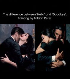 two pictures of people hugging each other with the caption that reads, the differences between their and goodbyes painting by rabbi perezz