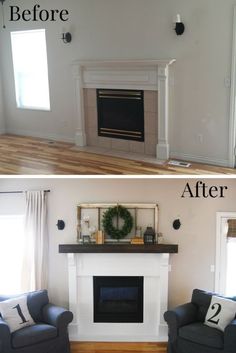 before and after pictures of a fireplace in a living room with white paint on the walls