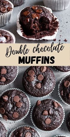 double chocolate muffins on top of each other with text overlay that reads double chocolate muffins