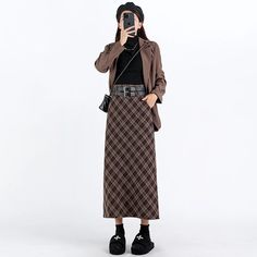 Lasaky - High-Waisted Plaid Slit Midi Skirt with Loose Fit and Elastic Waistband Skirt With Buttons, Skirts For Kids, Wrap Around Skirt, Split Skirt, Chic Leather, Satin Midi Skirt, Leather Mini Skirts, Skirts With Pockets, Casual Denim