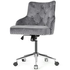 a gray office chair with wheels and casteors on an isolated white background, viewed from the front