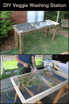 two pictures showing how to make a diy veggie washing station in the backyard