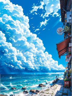 a painting of clouds over the ocean on a sunny day