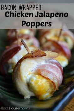 bacon wrapped chicken jalapeno poppers on a plate with text overlay