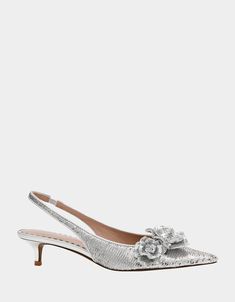 AURORRA SILVER - SHOES - Betsey Johnson Silver Kitten Heels, Silver Wedding Shoes, Betsey Johnson Clothes, Wedding Shoes Bride, Kitten Heel Shoes, Floral Heels, 2024 Christmas, Women's Heels, Slingback Heel