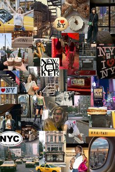 the collage is made up of many different pictures and words, including new york