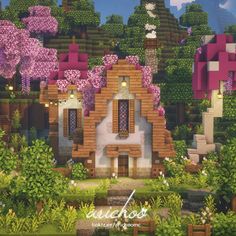 an image of a house in the middle of some trees and bushes with pink flowers on it