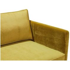 a yellow couch with two pillows on it's back and the seat upholstered