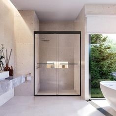 a bathroom with a tub, sink and glass shower door that opens to the outside