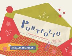 an envelope with the word portfolio written on it and stars around it,