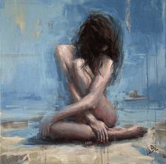 a painting of a naked woman sitting on the ground in front of a blue wall