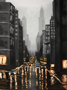 an oil painting of a city street at night