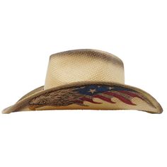 Flying bold eagle leatherette under brim applique. Band with US flag detail and USA star concho center. Aged look contrast trim and crown top. Turned up brim, 4" wide. Pinched, teardrop crown. Elasticized comfort sweatband. One size, fits up to 58.5 cm, M/L Unisex Americana Rodeo Hat With Curved Brim, Adjustable Patriotic Hat For Rodeo, Americana Curved Brim Hat For Rodeo, Adjustable American Hat With Curved Brim, Adjustable Americana Hat With Short Brim, American Style Adjustable Hat With Curved Brim, Americana Style Curved Brim Hat For Rodeo, American Style Adjustable Hat With Flat Brim, American Style Adjustable Flat Brim Hat