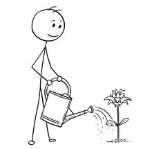 a stick figure is watering the plants