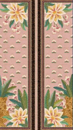 two paneled wall hangings with flowers and leaves on pink background, both decorated in gold trim