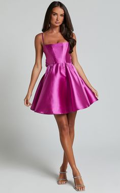 Alyssa Mini Dress - Strappy Straight Neck With Tie Back Dress in Pink | Showpo USA 80s Prom Dress, 80s Prom, Tie Back Dress, On The Dance Floor, Dress Satin, Line Dress, Hoco Dresses, Back Dress, Dance Moves