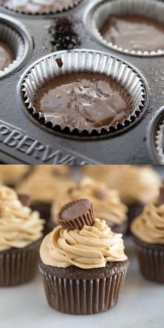 cupcakes with peanut butter frosting in the middle and on the bottom side