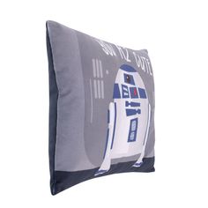 a star wars pillow with a robot design on the front and back, in grey