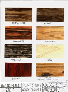 some wood samples are shown in different colors and sizes, with the names below them