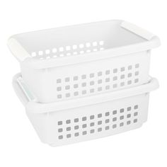 two white plastic baskets with handles