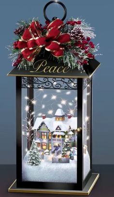 a lighted lantern with christmas decorations and lights