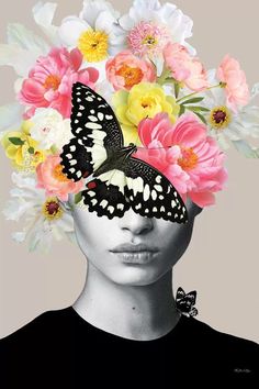 a woman's face with flowers and a butterfly on her head