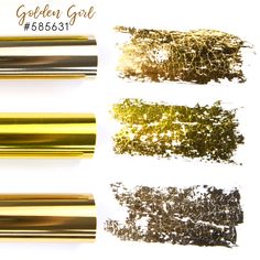 four different shades of gold, silver and bronze glitter on white paper with the words golden girl