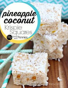 pineapple coconut krispie squares stacked on top of each other with text overlay