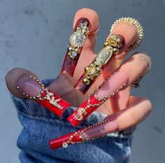 Red Junk Nails, Red Exotic Nails, Junk Nails, Claw Nails, Ombre Acrylic Nails, Nails Design With Rhinestones, Nail Jewelry, Really Cute Nails, Nails Only