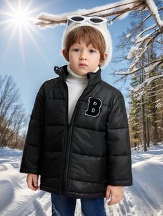 1pc Young Boys' Casual College Style Basic Color Block Diamond Check Padded Coat With Embroidered Letter Graphic, High Collar Long Sleeve Windbreaker For Commuting, School, Daily Casual Wear, Suitable For Kids Outfits, Young Boy Clothes, Back To School, School Uniform, Kindergarten, Birthday Party, Evening Party, Wedding, Christening, Opening Ceremony, Suitable For School, Travel, Sports, Fall & Winter Season Black   Long Sleeve Woven Fabric Letter Puffer Non-Stretch  Young Boys Clothing, size features are:Bust: ,Length: ,Sleeve Length: Kindergarten Birthday, Clothes Back To School, Thigh High Sock, Black Tank Top Women, Women Crew Socks, Travel Sports, School School, Over The Knee Socks, Thigh High Stockings