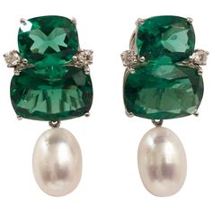 Christina Addison Elegant 18kt White Gold Double Cushion Green Garnet Stone Earrings with Diamonds and detachable Pearl Drops This is a classic day to evening earring that can be made clip or pierced. The meaning measures 3/4' tall and 1/2" wide. The detachable Pearls each measure approximately 0.57 inches tall. The Total Earring Height with the Pearls: 1.32", Width: 1/2" Omega clip back. These earrings can be made for Clip or Pierced earrings. The Christina Addison Fine Jewelry Bespoke Collecti Cushion Earrings, Earring Collection, Color Stone, Green Amethyst, Earrings Collection, Amethyst Stone, Green Stone, Pearl Drop, The Meaning