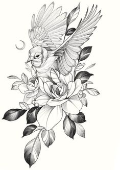 a black and white drawing of a bird with flowers