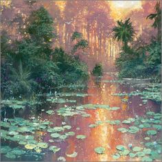 a painting of water lilies and palm trees in the background with sunlight reflecting on the water