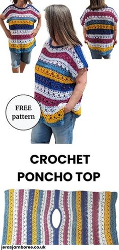 the crochet poncho top is shown in three different colors and sizes