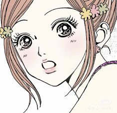 a drawing of a girl with long hair and flowers in her hair, looking at the camera